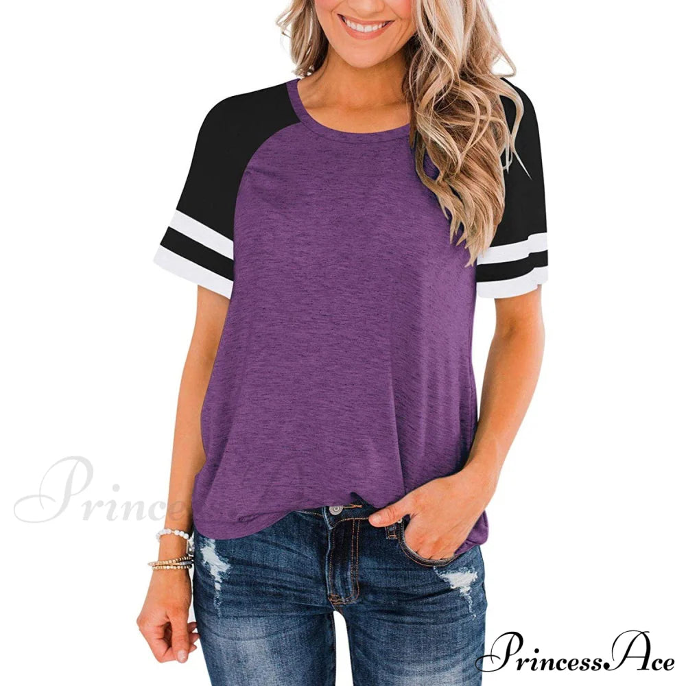 Womens Short Sleeve Shirts Crew Neck Color Block Purple __stock:200 clothes refund_fee:800 tops