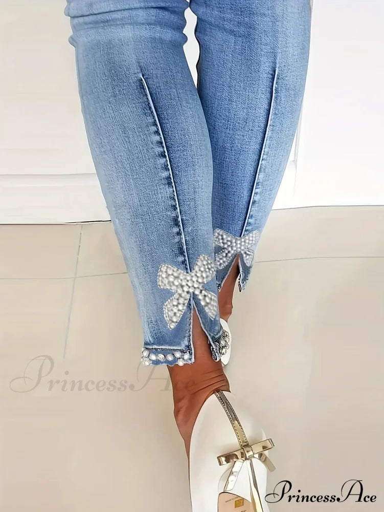 Women’s Blue High-Stretch Skinny With Faux Pearl Decor And Slim Fit - Stylish Comfortable Denim Jean