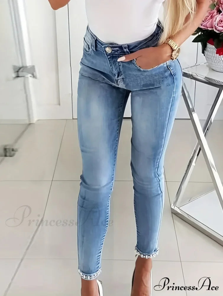 Women’s Blue High-Stretch Skinny With Faux Pearl Decor And Slim Fit - Stylish Comfortable Denim Jean