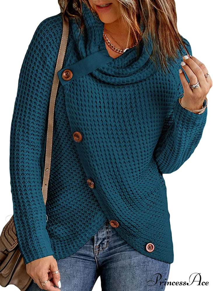 Womens Button Cowl Neck Long Sleeve Asymmetric Wrap Sweater A Blue / Large Sweaters-L