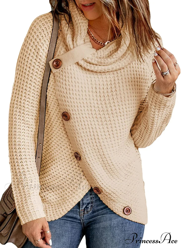 Womens Button Cowl Neck Long Sleeve Asymmetric Wrap Sweater B Beige / Large Sweaters-L