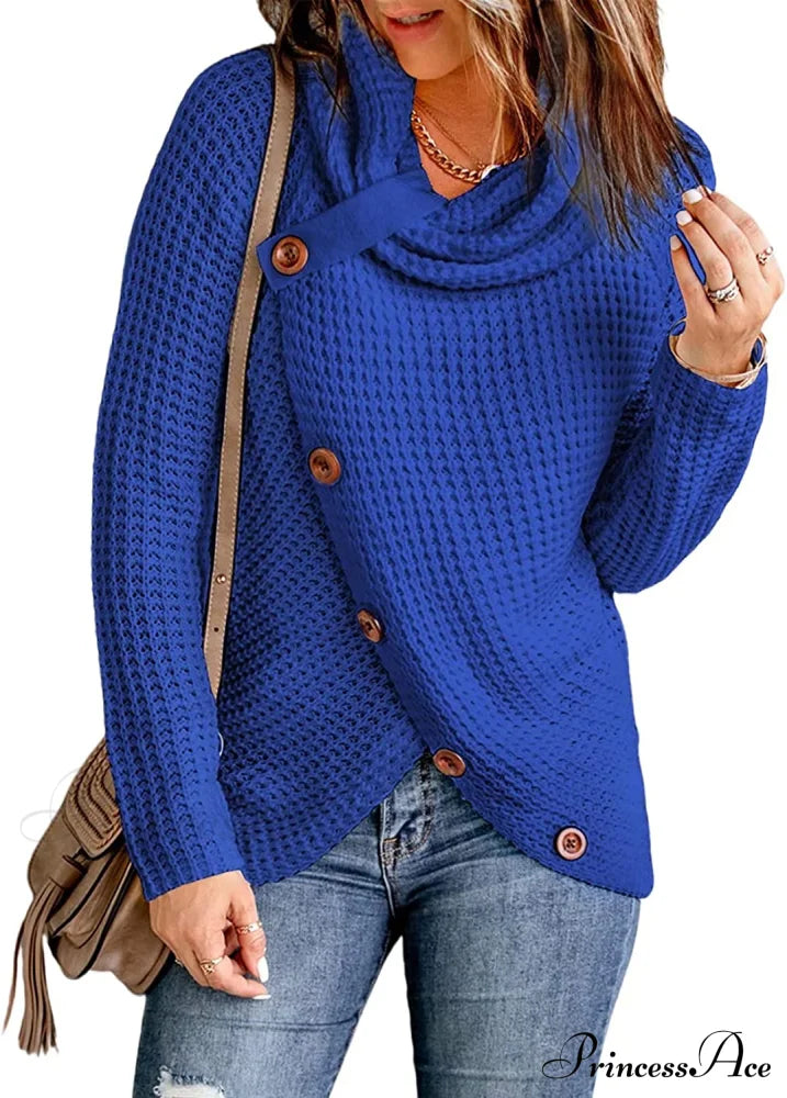 Womens Button Cowl Neck Long Sleeve Asymmetric Wrap Sweater C Blue / Xx-Large Sweaters-L