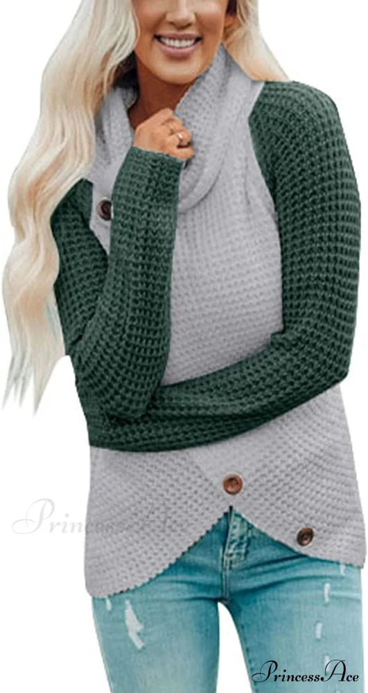 Womens Button Cowl Neck Long Sleeve Asymmetric Wrap Sweater D Green / X-Large Sweaters-L