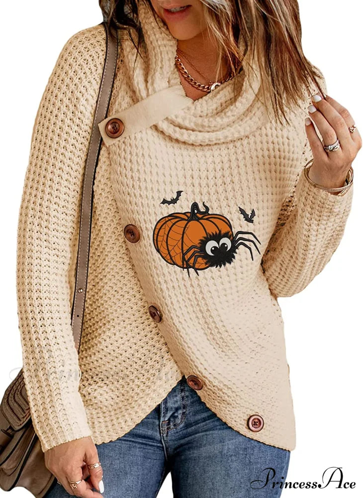 Womens Button Cowl Neck Long Sleeve Asymmetric Wrap Sweater F Bat Beige / Medium Sweaters-L