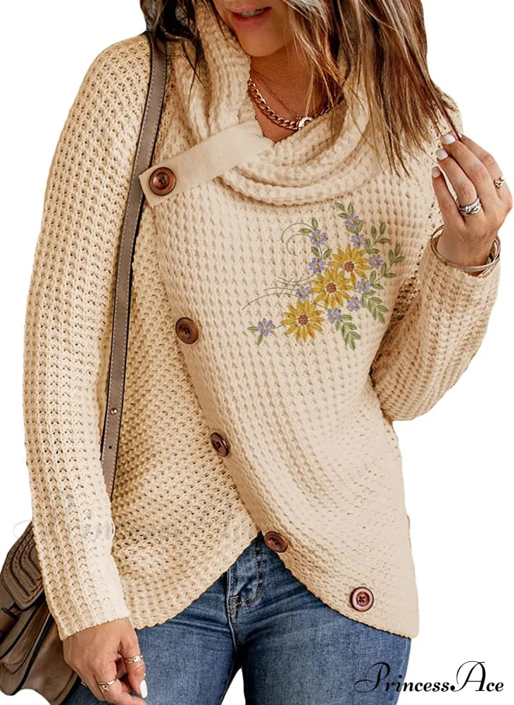 Womens Button Cowl Neck Long Sleeve Asymmetric Wrap Sweater F Flowers Beige / Medium Sweaters-L