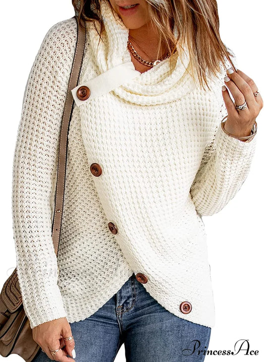 Womens Button Cowl Neck Long Sleeve Asymmetric Wrap Sweater Sweaters-L