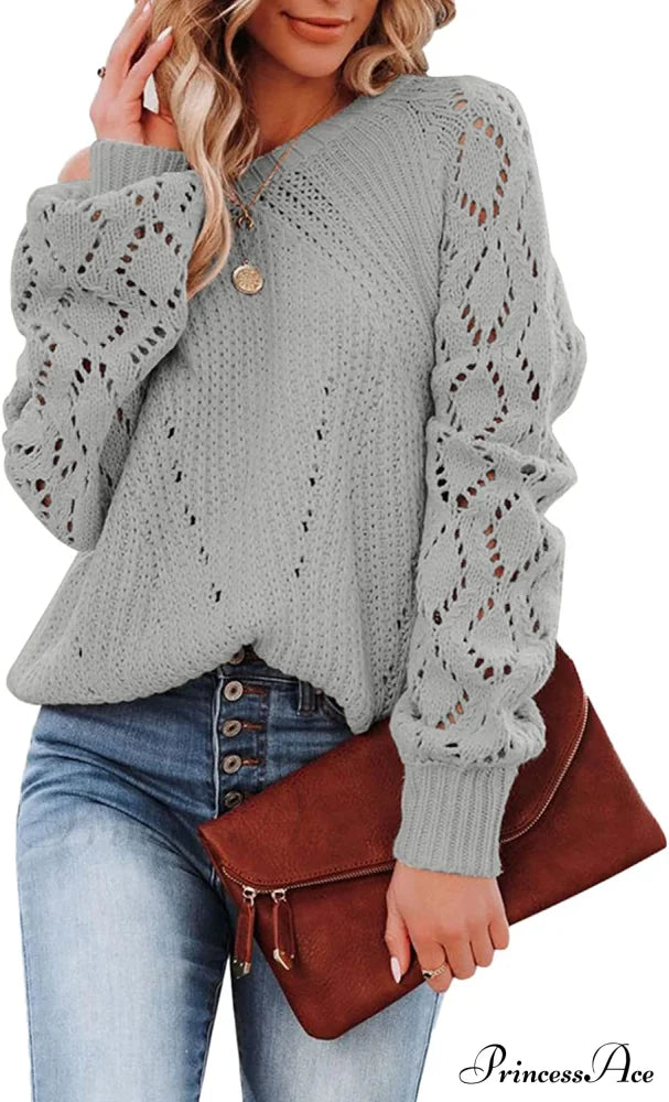 Women’s Casual Long Sleeve Crewneck Crochet Sweater B Grey / Large Sweaters-L