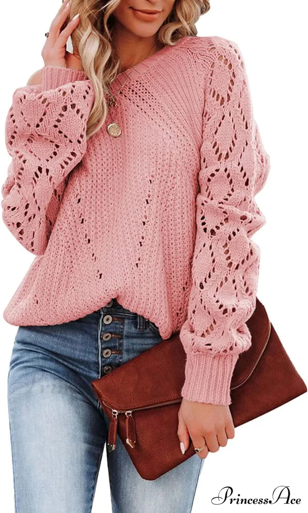 Women’s Casual Long Sleeve Crewneck Crochet Sweater B Pink / X-Large Sweaters-L