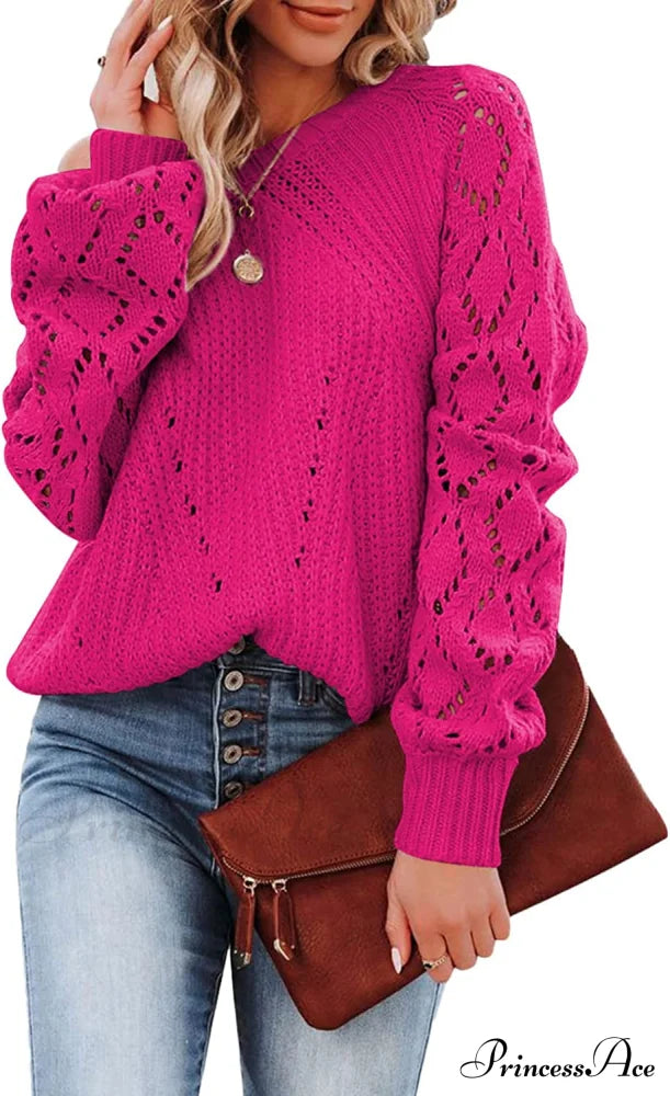 Women’s Casual Long Sleeve Crewneck Crochet Sweater D Hot Pink / X-Large Sweaters-L