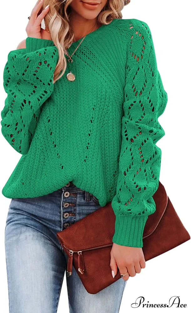 Women’s Casual Long Sleeve Crewneck Crochet Sweater E Deep Green / X-Large Sweaters-L