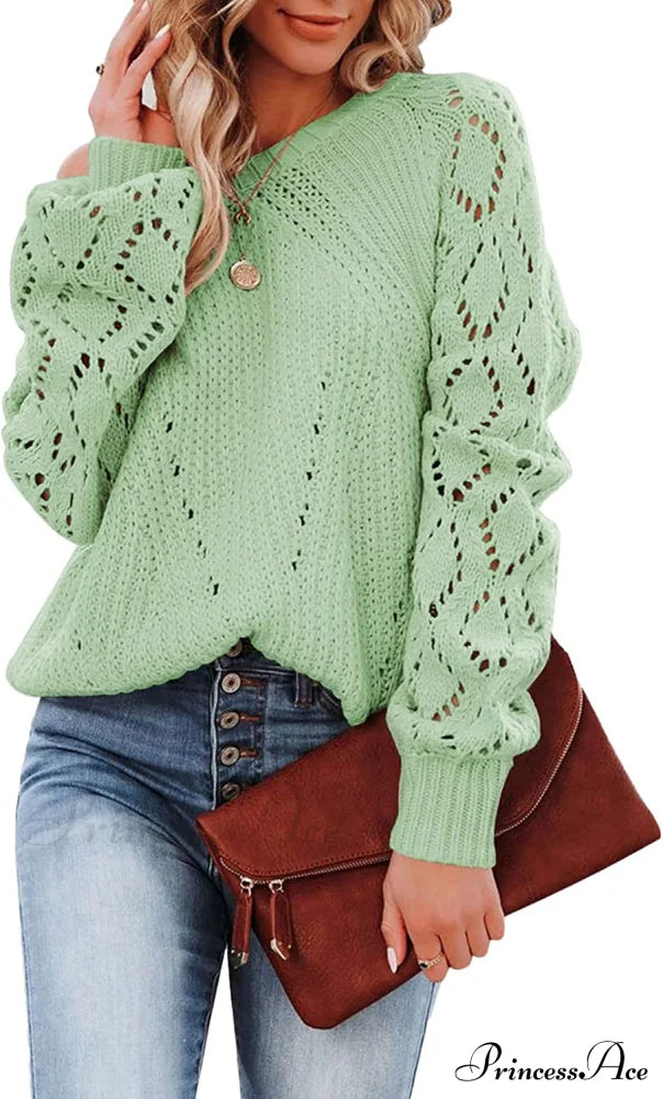 Women’s Casual Long Sleeve Crewneck Crochet Sweater E Light Green / Medium Sweaters-L