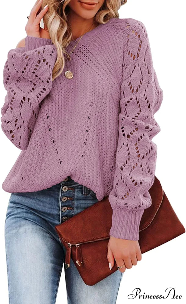 Women’s Casual Long Sleeve Crewneck Crochet Sweater E Light Purple / X-Large Sweaters-L