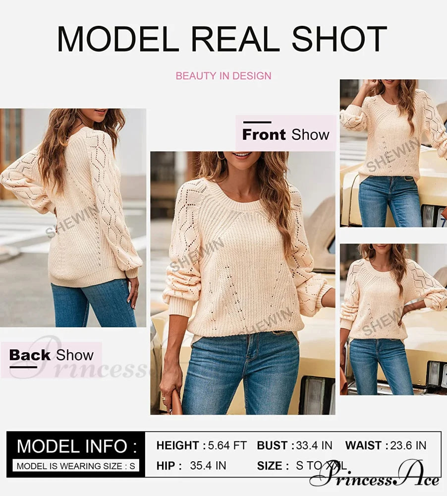 Women’s Casual Long Sleeve Crewneck Crochet Sweater Sweaters-L