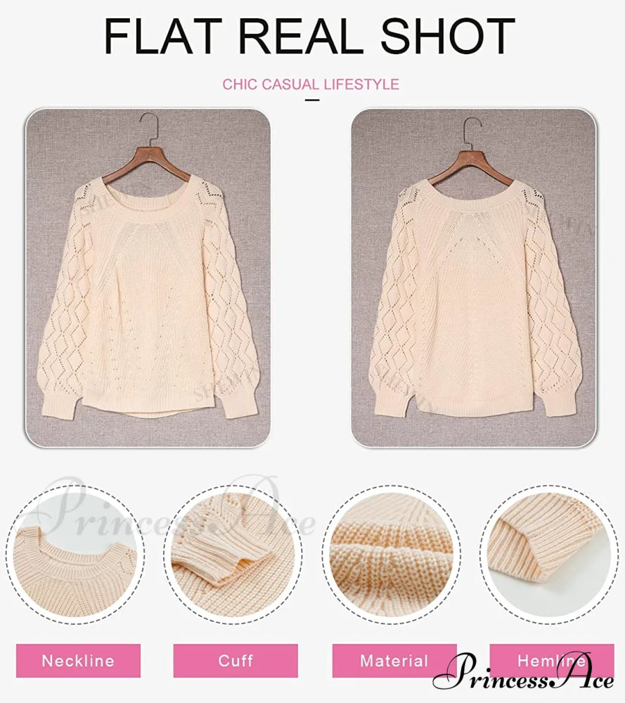 Women’s Casual Long Sleeve Crewneck Crochet Sweater Sweaters-L