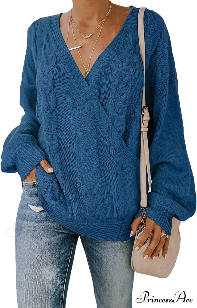 Women’s Casual Long Sleeve Deep V Neck Wrap Pullover Sweater Blue / Large Sweaters-L