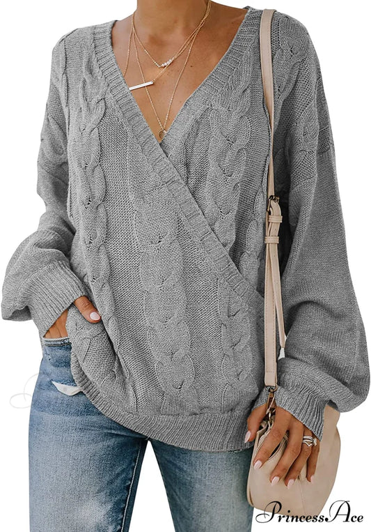 Women’s Casual Long Sleeve Deep V Neck Wrap Pullover Sweater Grey / Small Sweaters-L