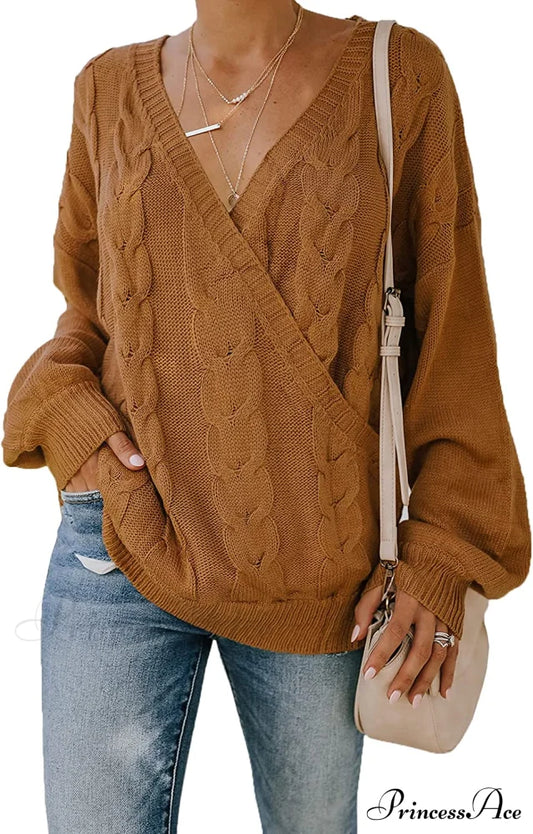 Women’s Casual Long Sleeve Deep V Neck Wrap Pullover Sweater Khaki / X-Large Sweaters-L