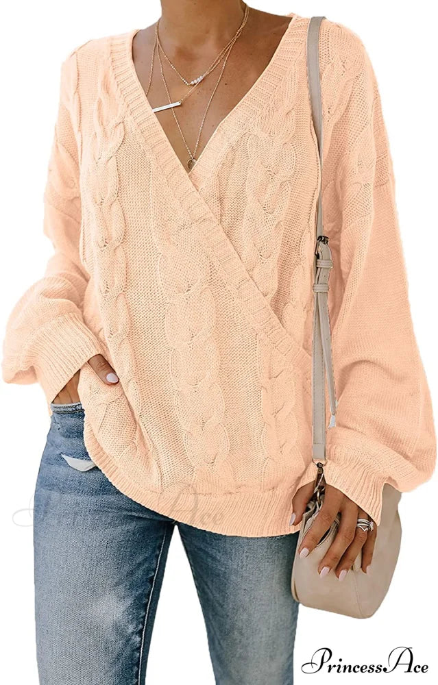 Women’s Casual Long Sleeve Deep V Neck Wrap Pullover Sweater Pink / Small Sweaters-L