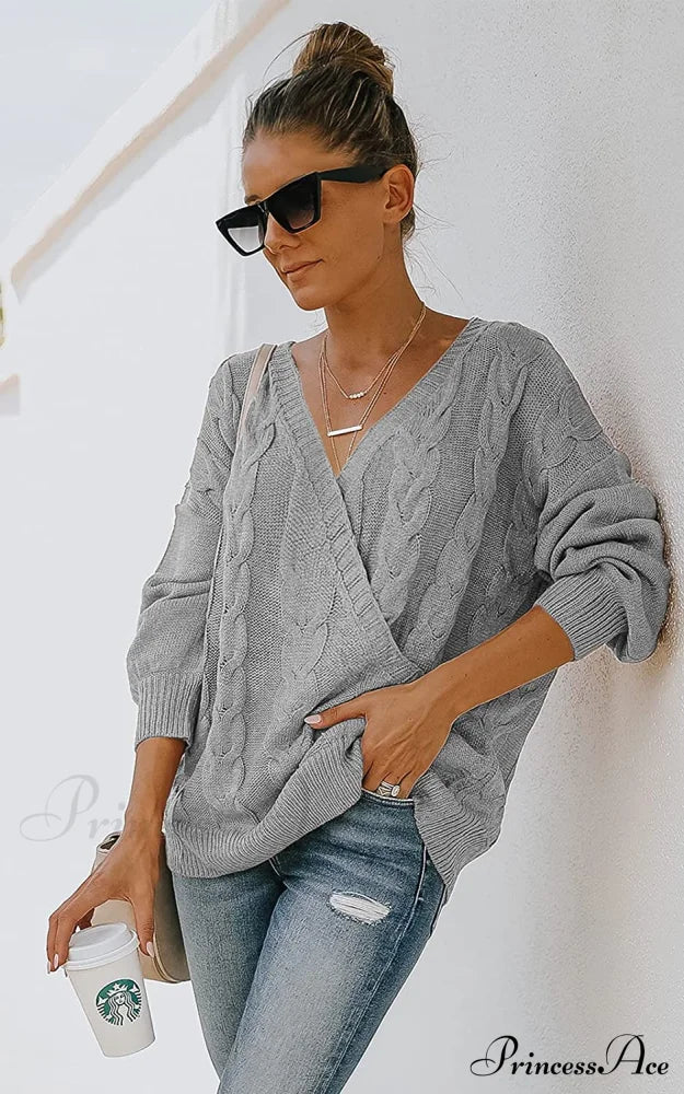 Women’s Casual Long Sleeve Deep V Neck Wrap Pullover Sweater Sweaters-L