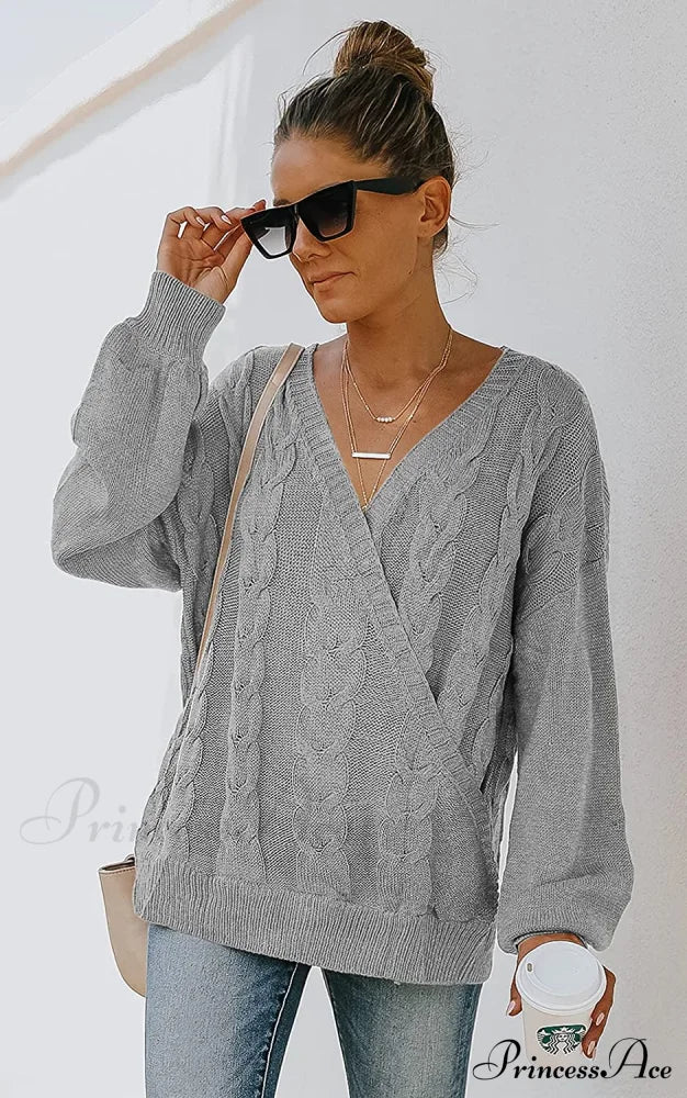 Women’s Casual Long Sleeve Deep V Neck Wrap Pullover Sweater Sweaters-L