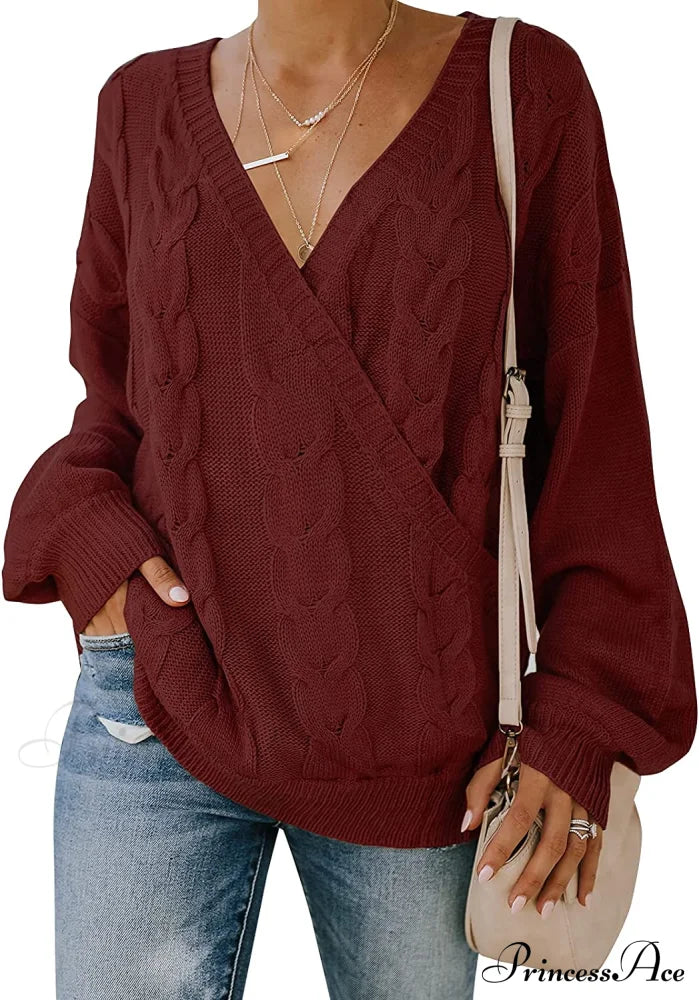 Women’s Casual Long Sleeve Deep V Neck Wrap Pullover Sweater Wine Red / Small Sweaters-L