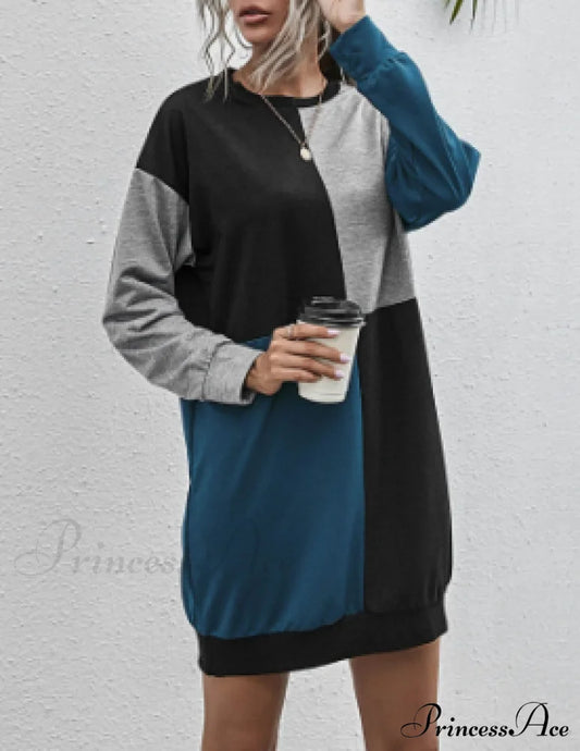 Womens Casual Pullover Sweater Long Sleeve Colorblock Top Dress S / Blue Dresses