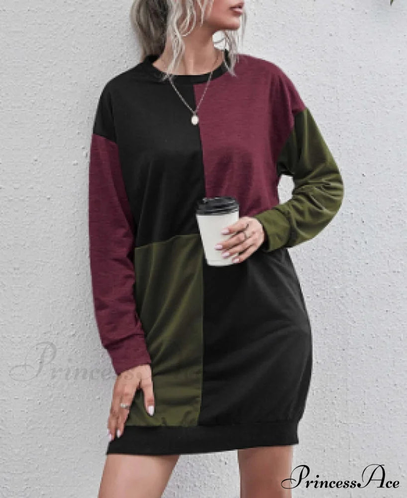 Womens Casual Pullover Sweater Long Sleeve Colorblock Top Dress S / Green Dresses