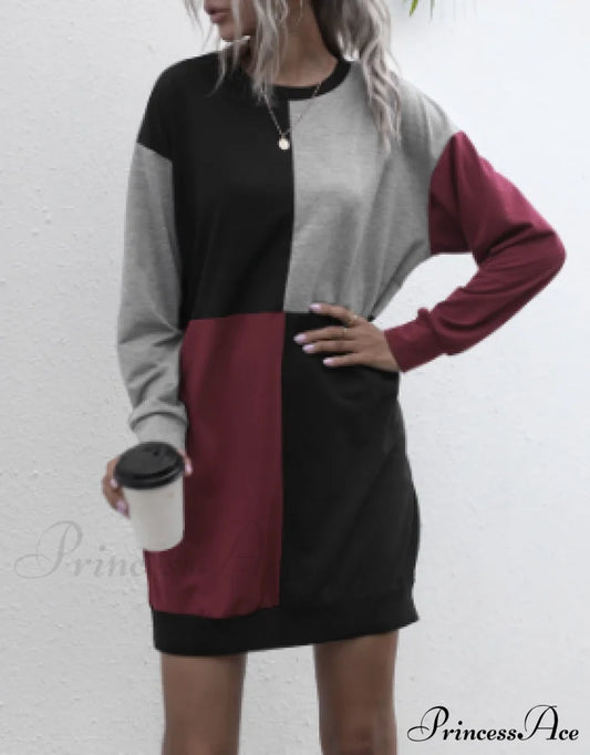 Womens Casual Pullover Sweater Long Sleeve Colorblock Top Dress S / Red Dresses