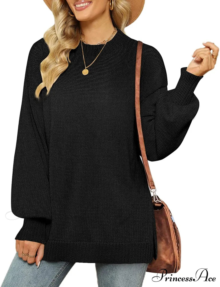 Women’s Crew Neck Lantern Sleeves Side Slit Ribbed Sweater 01-Black / Large Sweaters-L