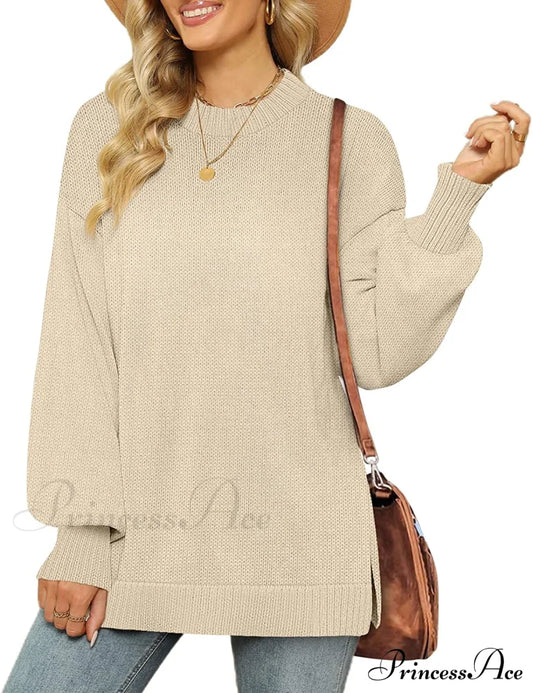 Women’s Crew Neck Lantern Sleeves Side Slit Ribbed Sweater 02-Apricot / Medium Sweaters-L