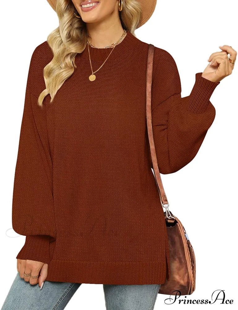 Women’s Crew Neck Lantern Sleeves Side Slit Ribbed Sweater 03-Caramel / Large Sweaters-L