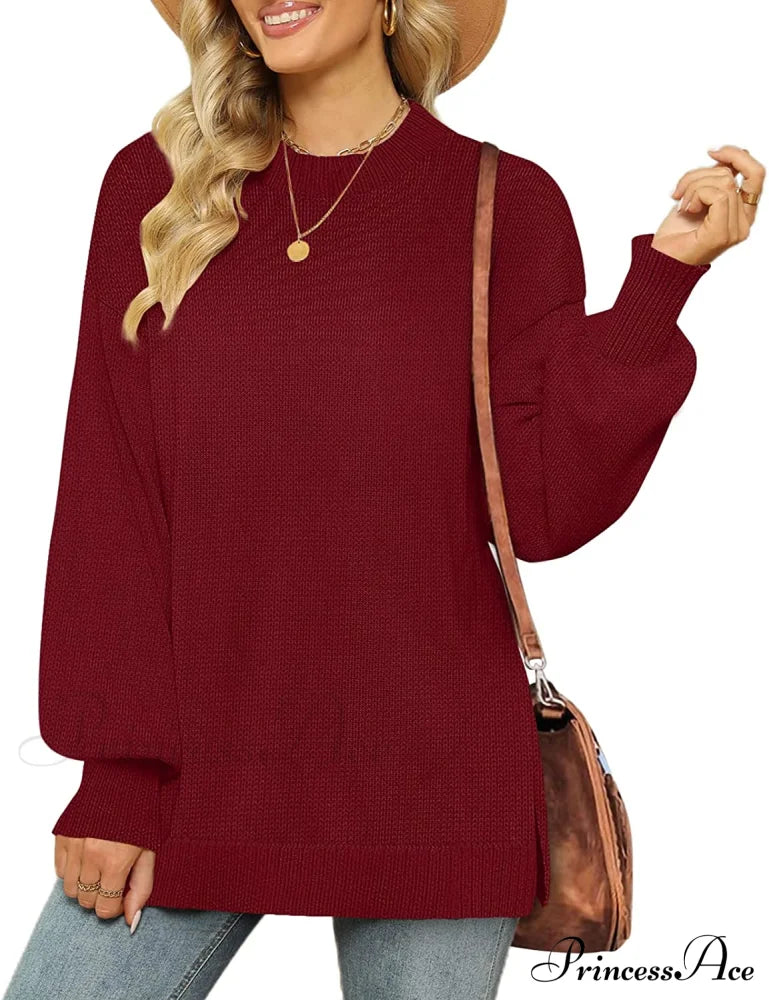 Women’s Crew Neck Lantern Sleeves Side Slit Ribbed Sweater 04-Wine / Small Sweaters-L