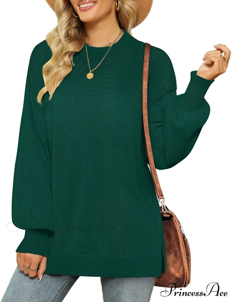 Women’s Crew Neck Lantern Sleeves Side Slit Ribbed Sweater 05-Green / Large Sweaters-L