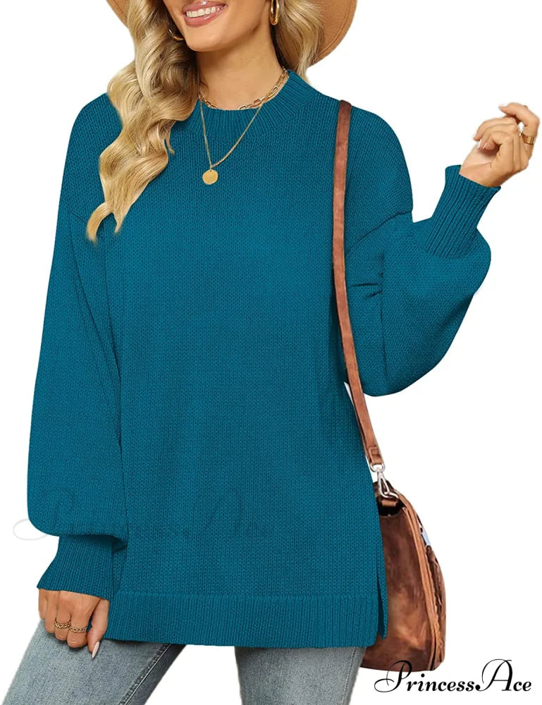 Women’s Crew Neck Lantern Sleeves Side Slit Ribbed Sweater 06-Blue / Large Sweaters-L