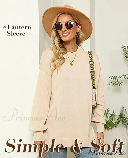 Women’s Crew Neck Lantern Sleeves Side Slit Ribbed Sweater Sweaters-L