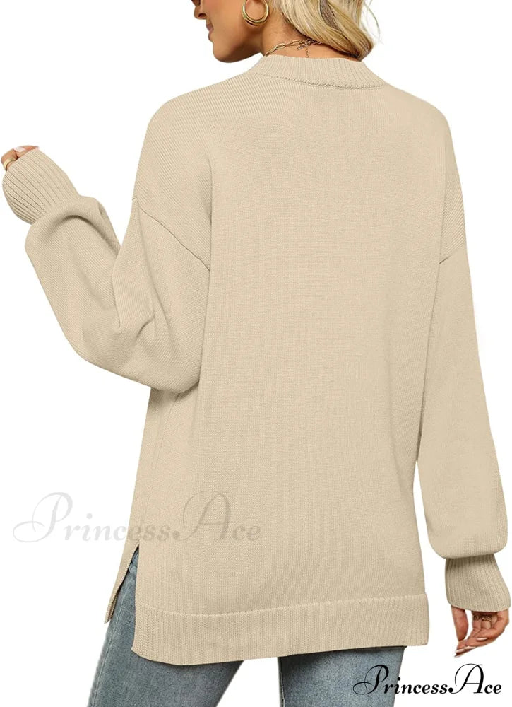 Women’s Crew Neck Lantern Sleeves Side Slit Ribbed Sweater Sweaters-L