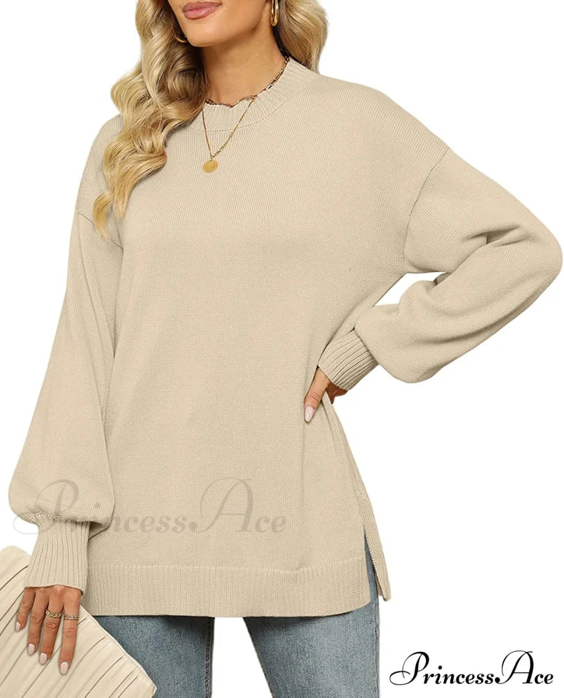 Women’s Crew Neck Lantern Sleeves Side Slit Ribbed Sweater Sweaters-L