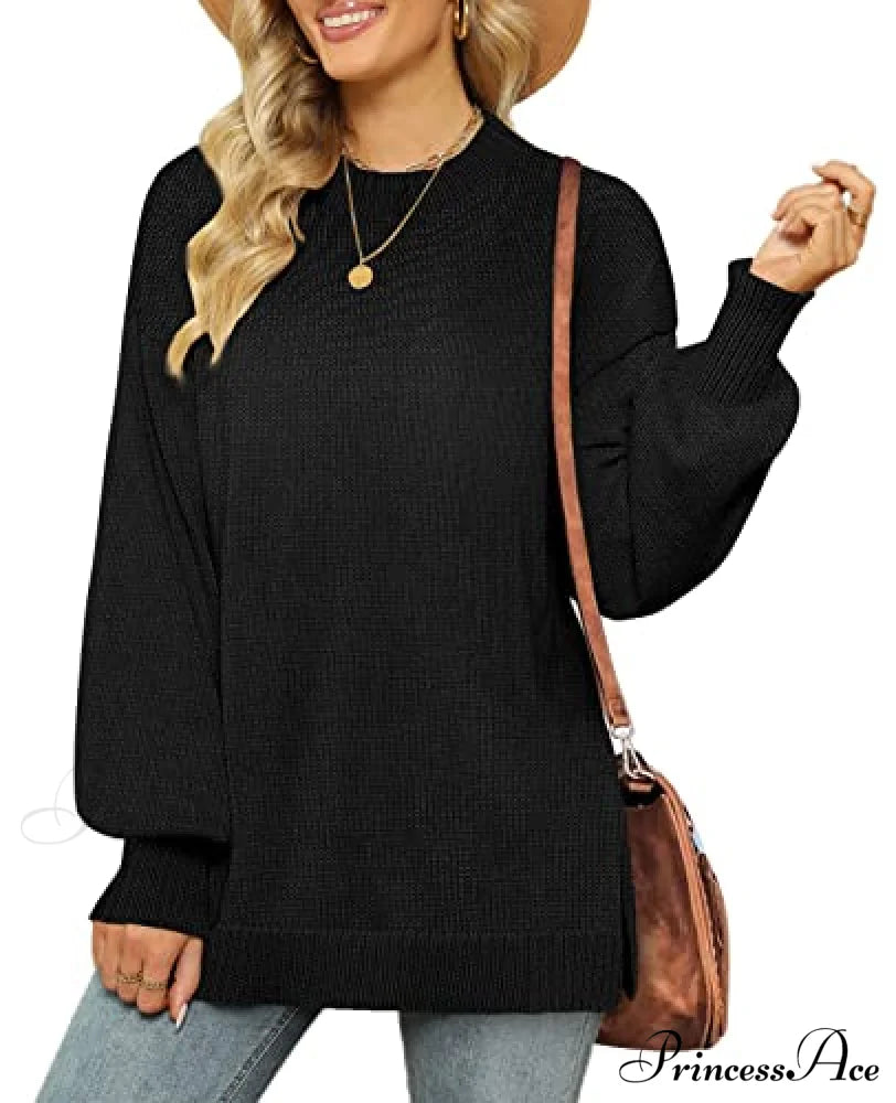 Women’s Crew Neck Lantern Sleeves Side Slit Ribbed Sweater Sweaters-L