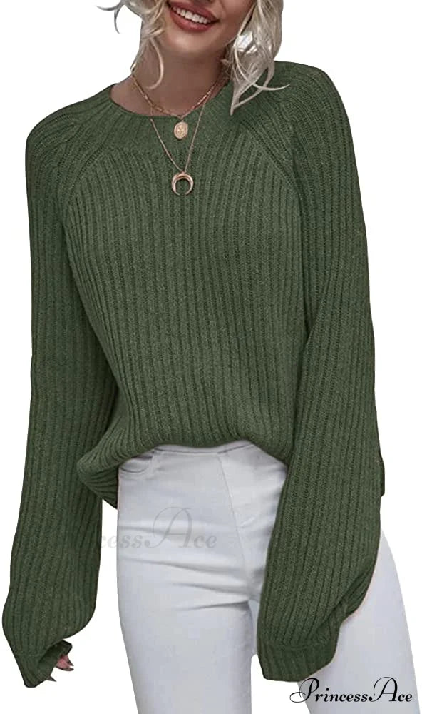 Womens Crew Neck Pullover Oversized Sweater Army Green / Large Sweaters-L