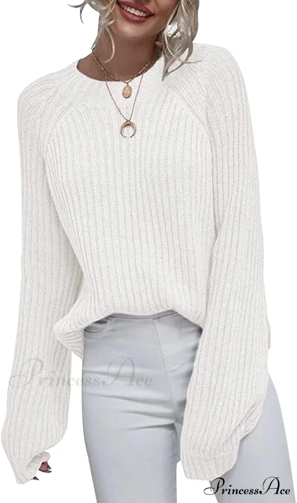 Womens Crew Neck Pullover Oversized Sweater White / Medium Sweaters-L