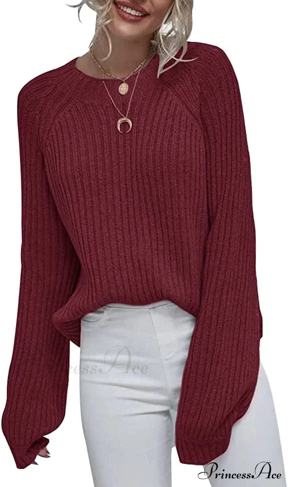 Womens Crew Neck Pullover Oversized Sweater Wine Red / X-Large Sweaters-L