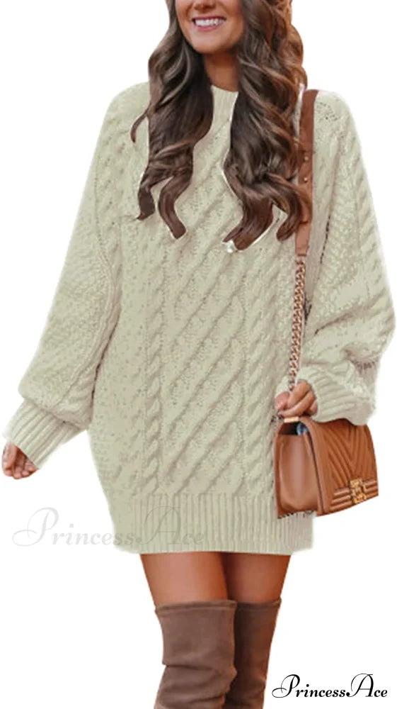 Women’s Crewneck Long Sleeve Cable Knit Sweater Dress Beige / Small Sweaters-L