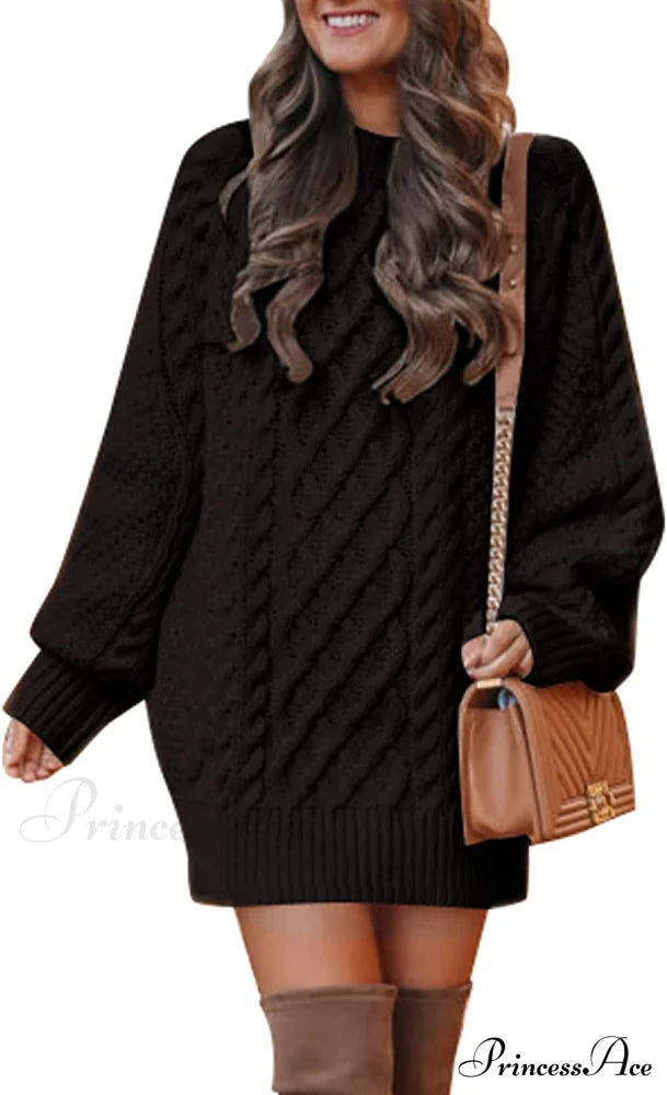 Women’s Crewneck Long Sleeve Cable Knit Sweater Dress Black / Large Sweaters-L