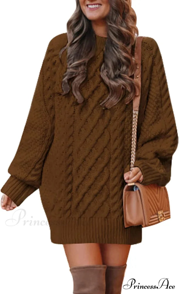 Women’s Crewneck Long Sleeve Cable Knit Sweater Dress Brown / X-Large Sweaters-L