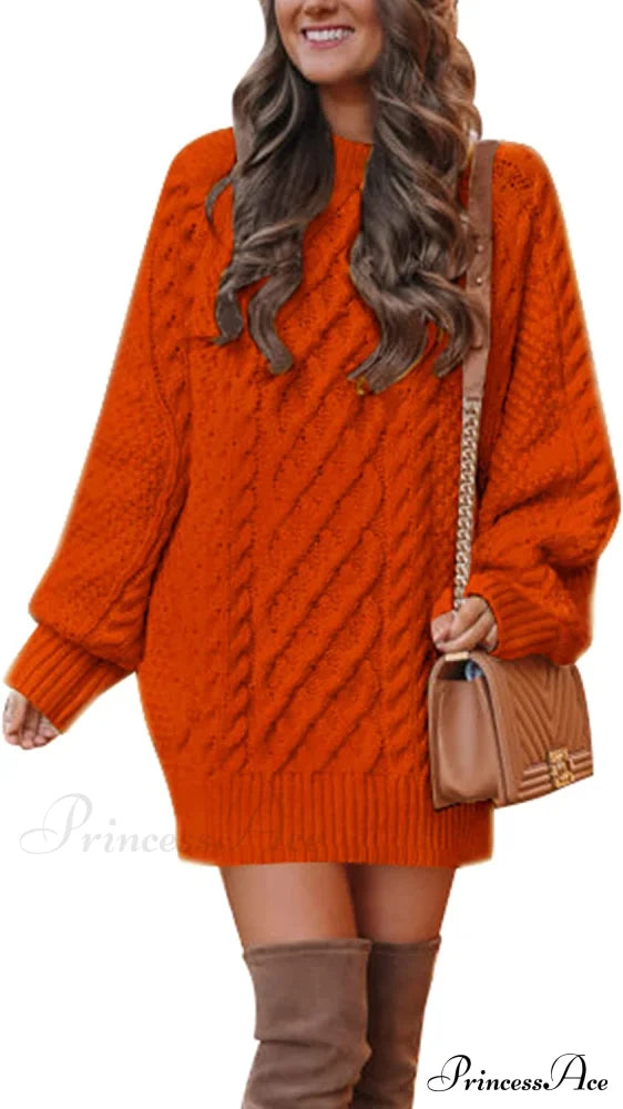 Women’s Crewneck Long Sleeve Cable Knit Sweater Dress Orange / Small Sweaters-L