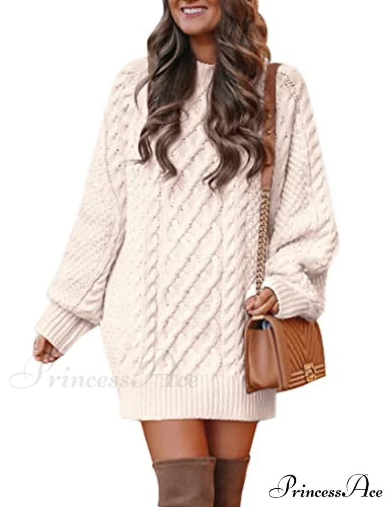 Women’s Crewneck Long Sleeve Cable Knit Sweater Dress Sweaters-L