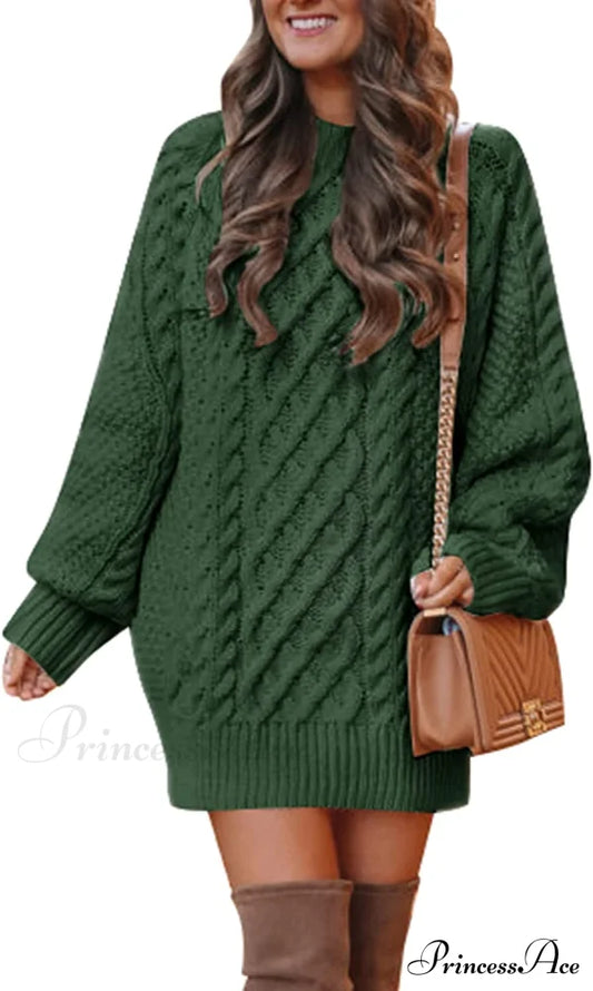 Women’s Crewneck Long Sleeve Cable Knit Sweater Dress Sweaters-L