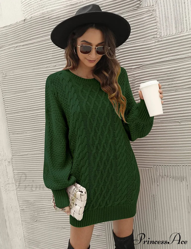 Women’s Crewneck Long Sleeve Cable Knit Sweater Dress Sweaters-L