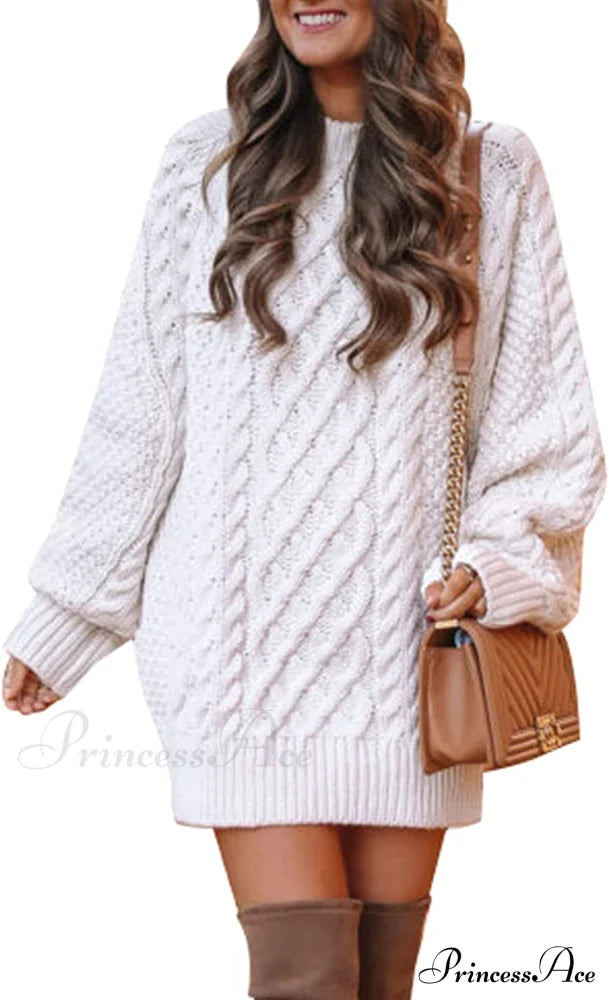 Women’s Crewneck Long Sleeve Cable Knit Sweater Dress White / Small Sweaters-L