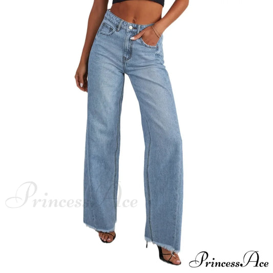 Women’s Denim High Waist Fashion Wide Leg Pants Trousers Autumn Tide Straight De Mujer Frayed Hem